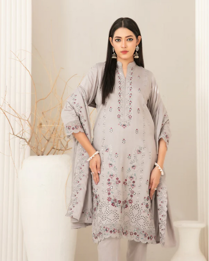 Fancy Embroidered Viscose Slub 3PC Unstitched - Tawakkal