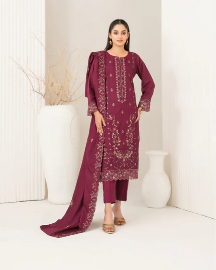 Fancy Embroidered Viscose Slub 3PC Unstitched - Tawakkal