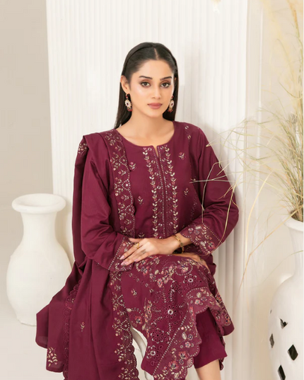 Fancy Embroidered Viscose Slub 3PC Unstitched - Tawakkal
