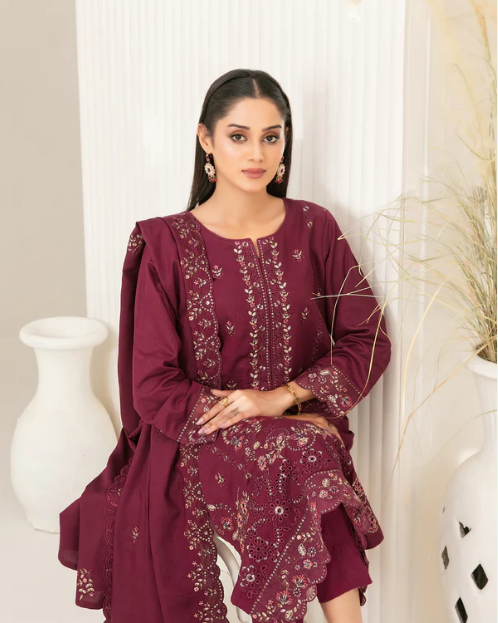 Fancy Embroidered Viscose Slub 3PC Unstitched - Tawakkal