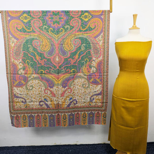 Plain Pashmina with Qalamkar Print Shawl 3PC Unstitched