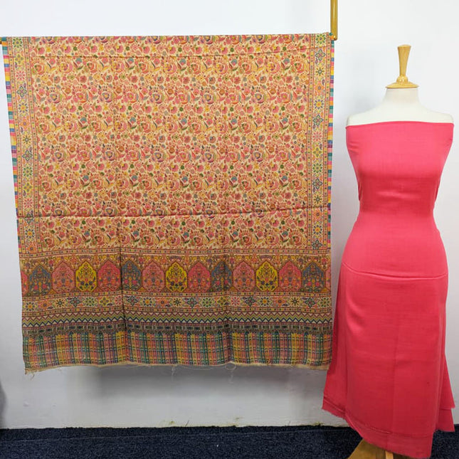 Fancy Pashmina with Qalamkar Print Shawl 3PC Unstitched