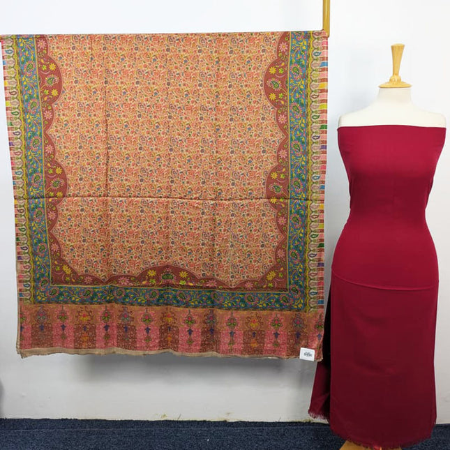 Plain Pashmina with Qalamkar Print Shawl 3PC Unstitched