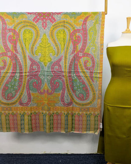 Plain Pashmina with Qalamkar Print Shawl 3PC Unstitched