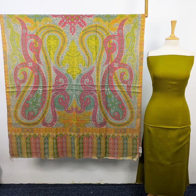 Plain Pashmina with Qalamkar Print Shawl 3PC Unstitched