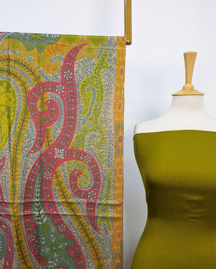 Plain Pashmina with Qalamkar Print Shawl 3PC Unstitched