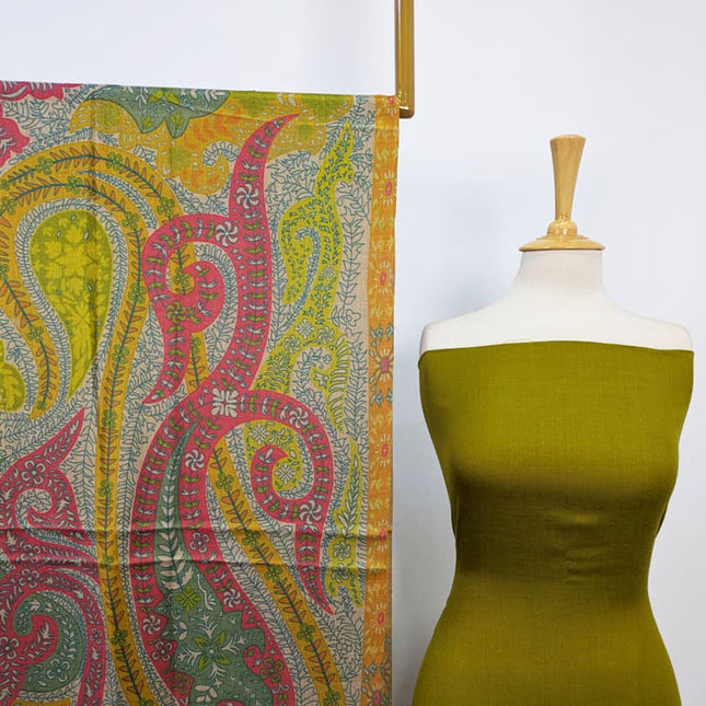 Plain Pashmina with Qalamkar Print Shawl 3PC Unstitched