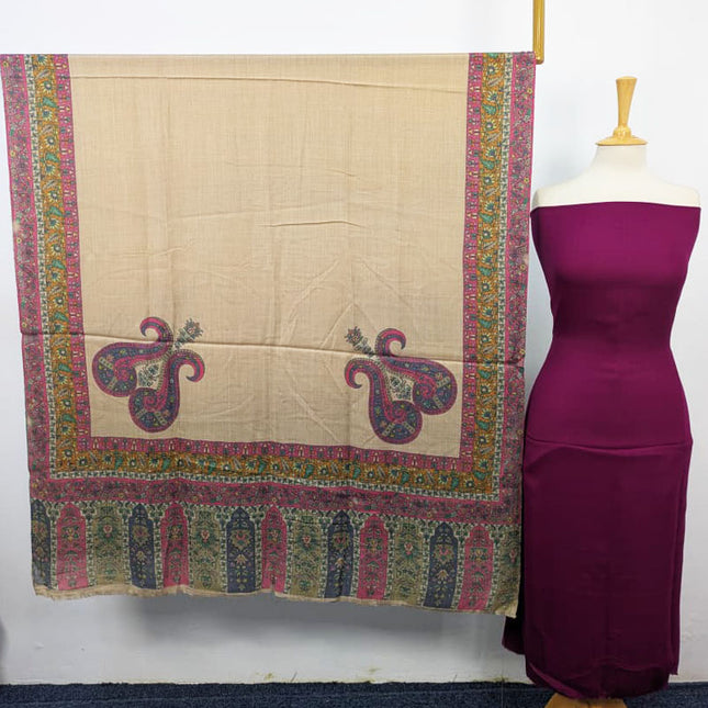 Fancy Pashmina with Qalamkar Print Shawl 3PC Unstitched