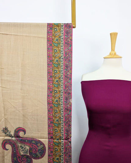 Fancy Pashmina with Qalamkar Print Shawl 3PC Unstitched