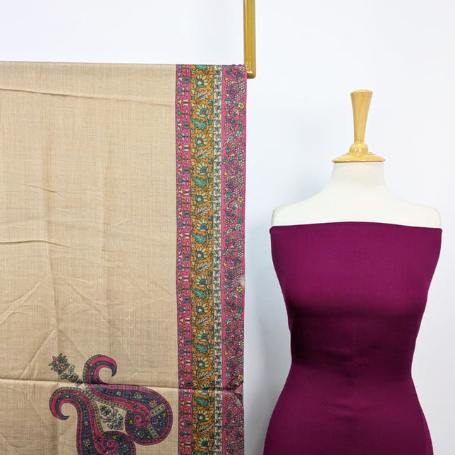 Fancy Pashmina with Qalamkar Print Shawl 3PC Unstitched