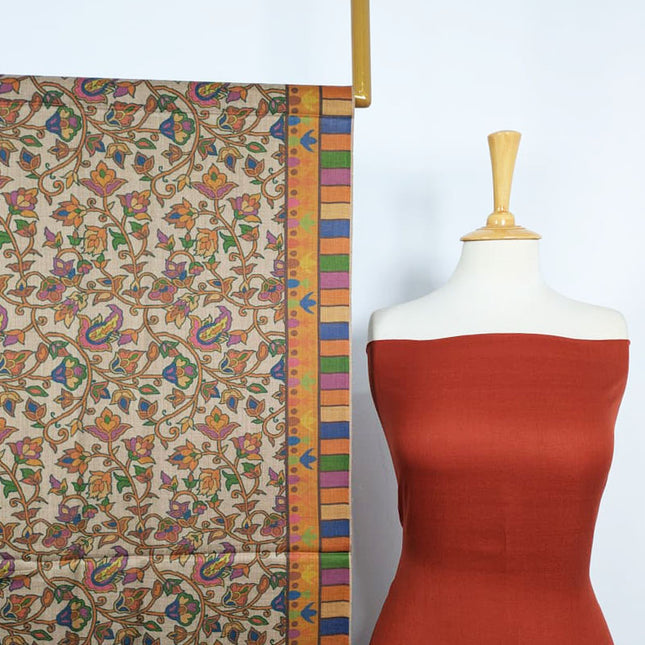 Premium Pashmina with Qalamkar Print Shawl 3PC Unstitched