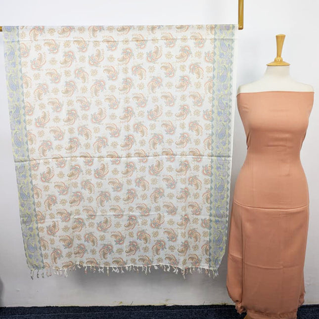 Plain Pashmina with Qalamkar Print Shawl 3PC Unstitched