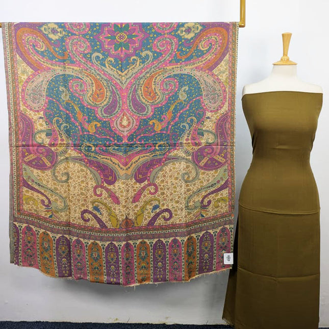 Plain Pashmina with Qalamkar Print Shawl 3PC Unstitched
