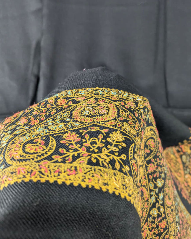 Fancy Embroidered Wool With 4 Sided Border Shawl