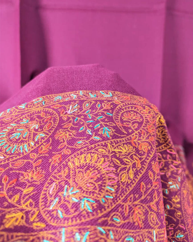 Embroidered Wool With 4 Sided Border Shawl