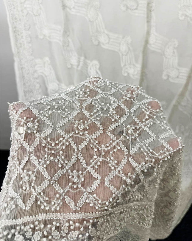 Handmade Pure China Crinkle with Chikankari Work Dupatta