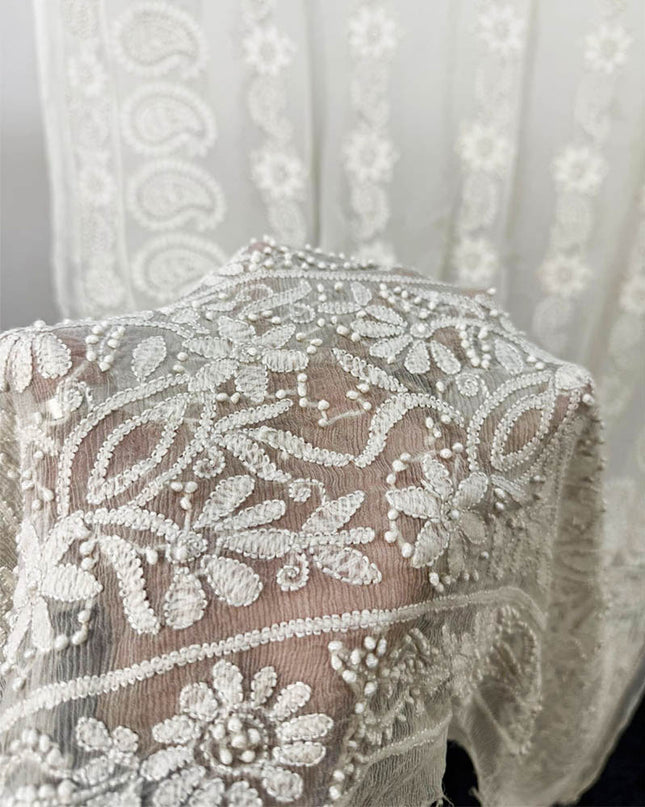 Handmade Pure China Crinkle with Chikankari Work Dupatta