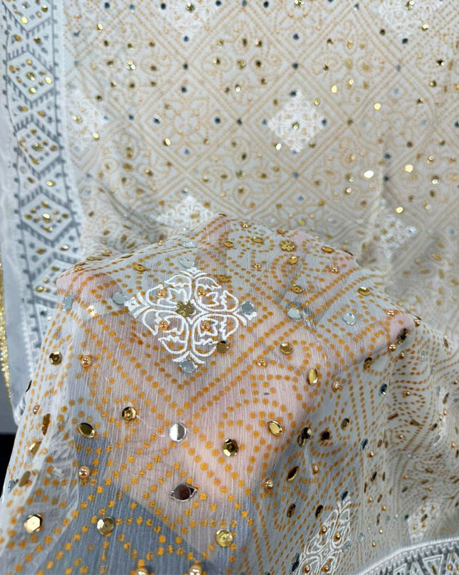 Fancy Chiffon Block Print with Chunnri Mirror Sitara Work Dupatta