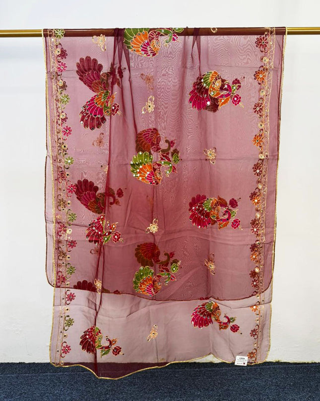Peacock Style Embroidered Organza with Mirror Work Dupatta