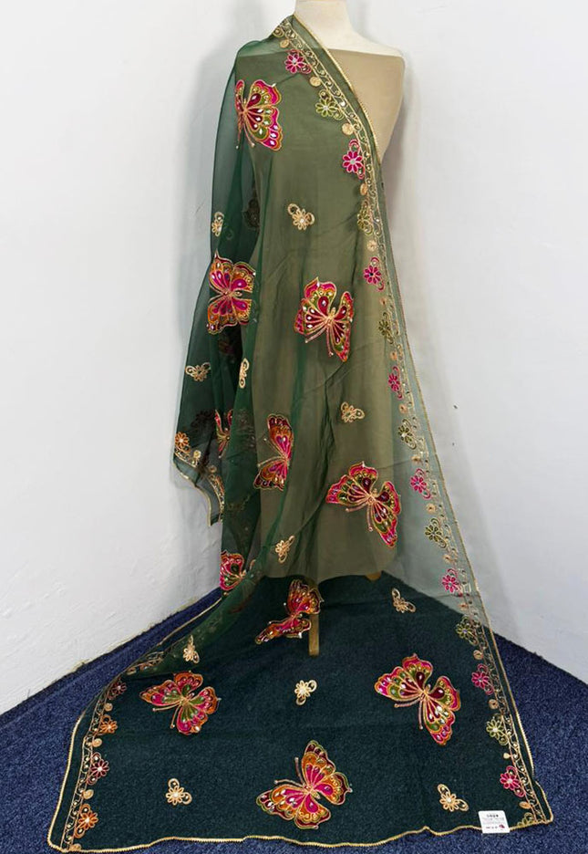 Butterfly Style Embroidered Organza with Mirror Work Dupatta