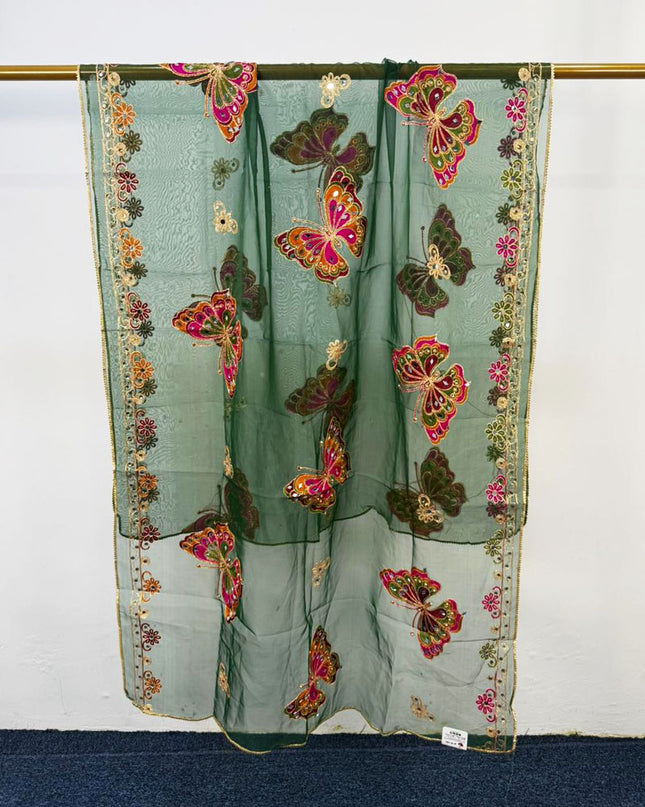 Butterfly Style Embroidered Organza with Mirror Work Dupatta