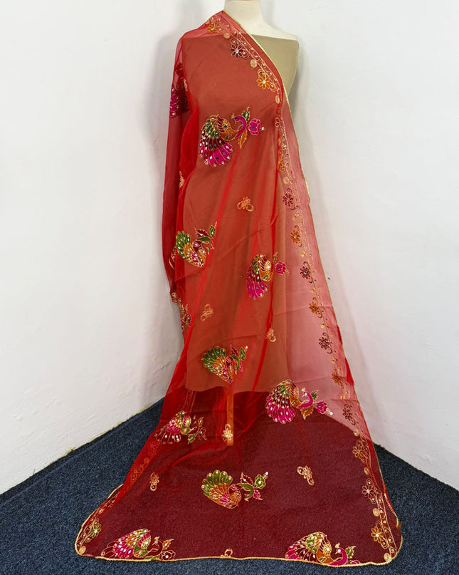 Peacock Style Embroidered Organza with Mirror Work Dupatta