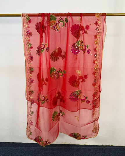 Peacock Style Embroidered Organza with Mirror Work Dupatta