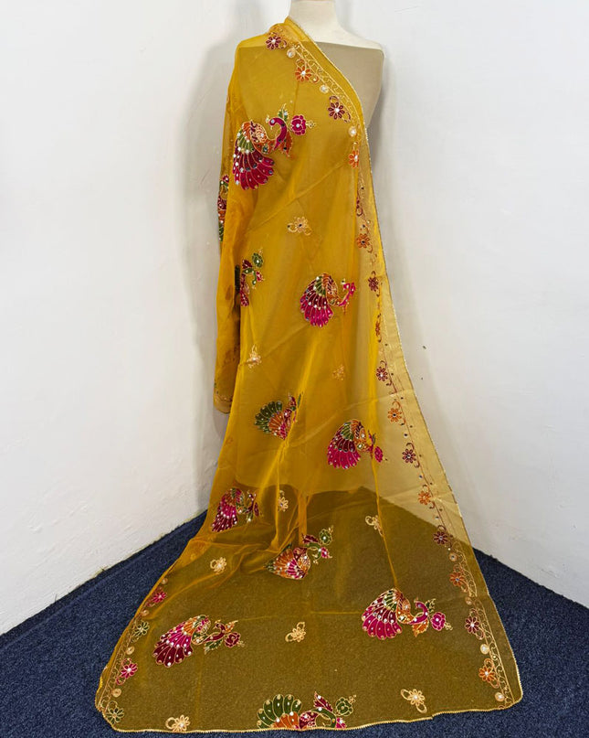 Peacock Style Embroidered Organza with Mirror Work Dupatta