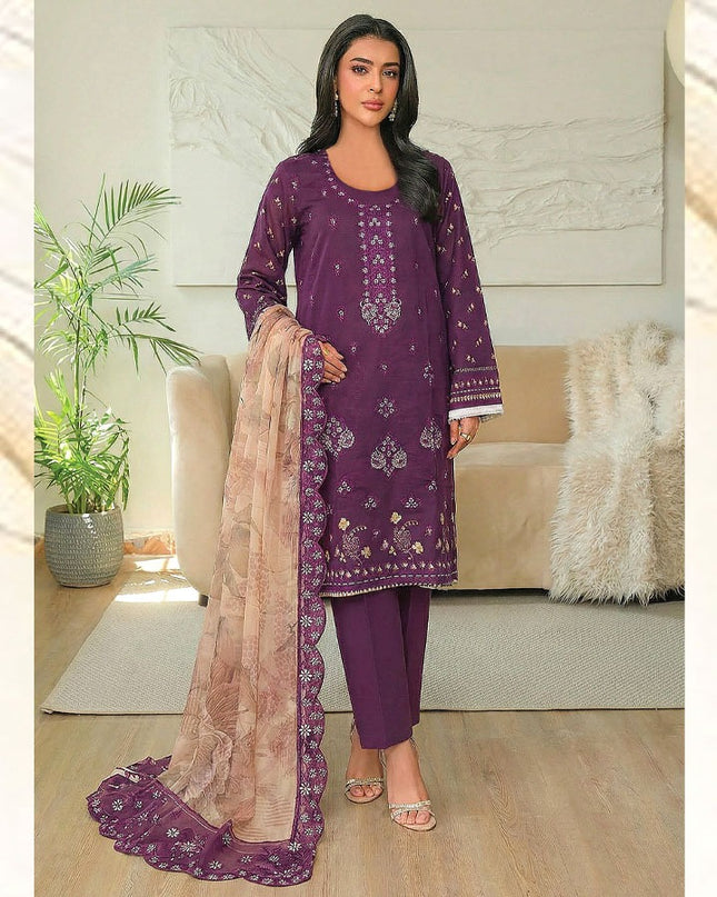 Embroidered + Printed Bana Dora Lawn with Bamber Chiffon Dupatta - AADarsh