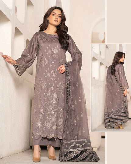 Embroidered Cross Slub Lawn with Organza Dupatta - Mah e Rooh