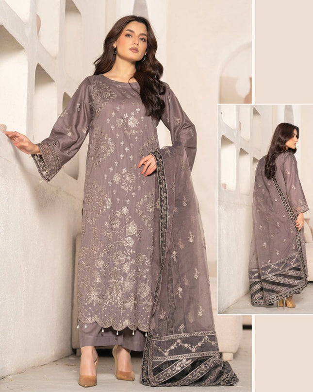 Embroidered Cross Slub Lawn with Organza Dupatta - Mah e Rooh
