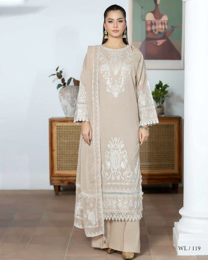 Embroidered Lawn with Bamber Crinkle Dupatta 3Pc - Wania