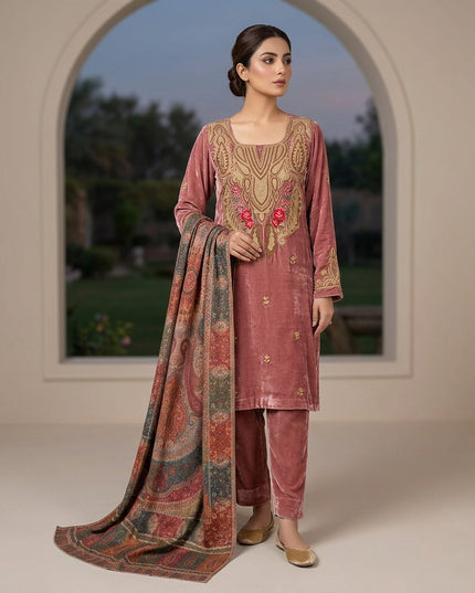 Kashimiri Embroidered French Velvet with Pure Indian Kani Shawl 3Pc/2Pc Unstitched