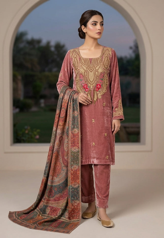 Kashimiri Embroidered French Velvet with Pure Indian Kani Shawl 3Pc/2Pc Unstitched