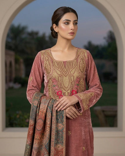 Kashimiri Embroidered French Velvet with Pure Indian Kani Shawl 3Pc/2Pc Unstitched
