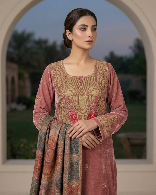 Tilla Embroidered French Velvet with Pure Indian Kani Shawl 3Pc/2Pc Unstitched