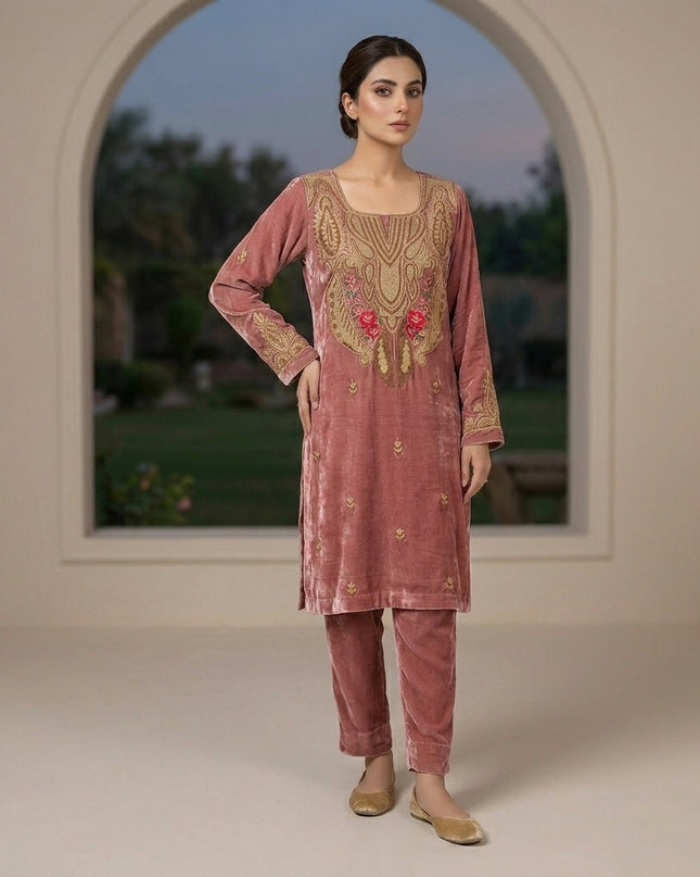 Tilla Embroidered French Velvet with Pure Indian Kani Shawl 3Pc/2Pc Unstitched