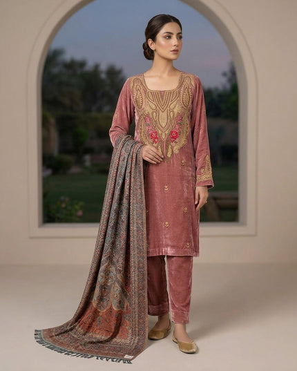 Tilla Embroidered French Velvet with Pure Indian Kani Shawl 3Pc/2Pc Unstitched