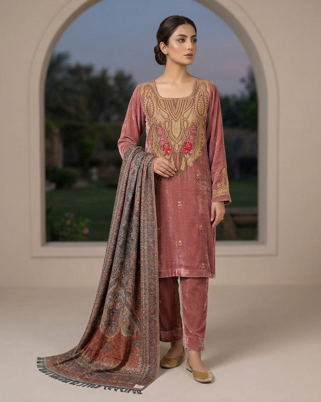 Tilla Embroidered French Velvet with Pure Indian Kani Shawl 3Pc/2Pc Unstitched