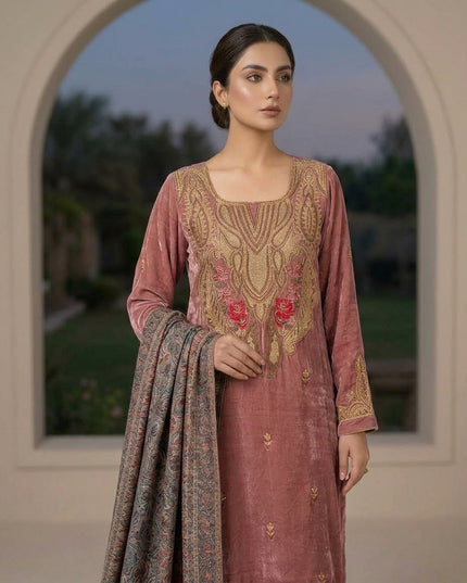 Tilla Embroidered French Velvet with Pure Indian Kani Shawl 3Pc/2Pc Unstitched