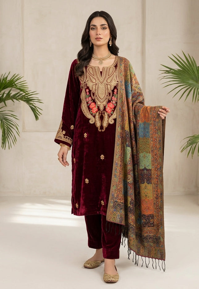 Kashimiri Embroidered French Velvet with Pure Indian Kani Shawl 3Pc/2Pc Unstitched