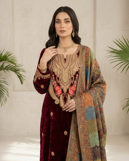 Kashimiri Embroidered French Velvet with Pure Indian Kani Shawl 3Pc/2Pc Unstitched