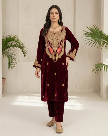 Tilla Embroidered French Velvet with Pure Indian Kani Shawl 3Pc/2Pc Unstitched