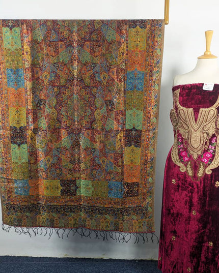 Kashimiri Embroidered French Velvet with Pure Indian Kani Shawl 3Pc/2Pc Unstitched