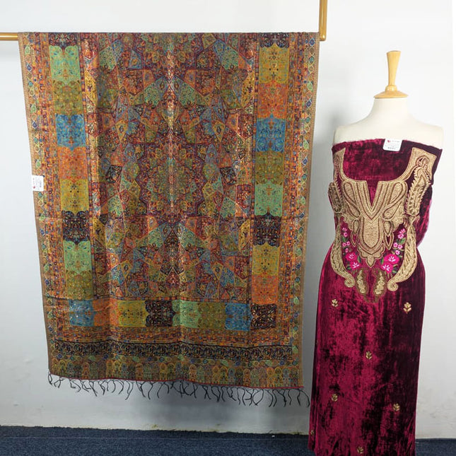 Tilla Embroidered French Velvet with Pure Indian Kani Shawl 3Pc/2Pc Unstitched