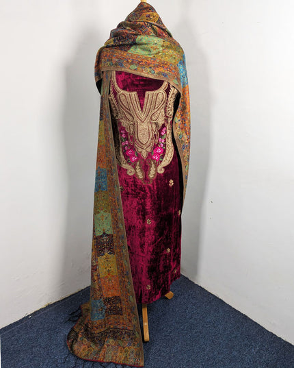 Kashimiri Embroidered French Velvet with Pure Indian Kani Shawl 3Pc/2Pc Unstitched