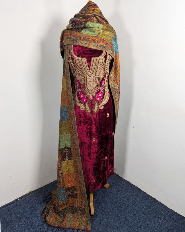 Tilla Embroidered French Velvet with Pure Indian Kani Shawl 3Pc/2Pc Unstitched