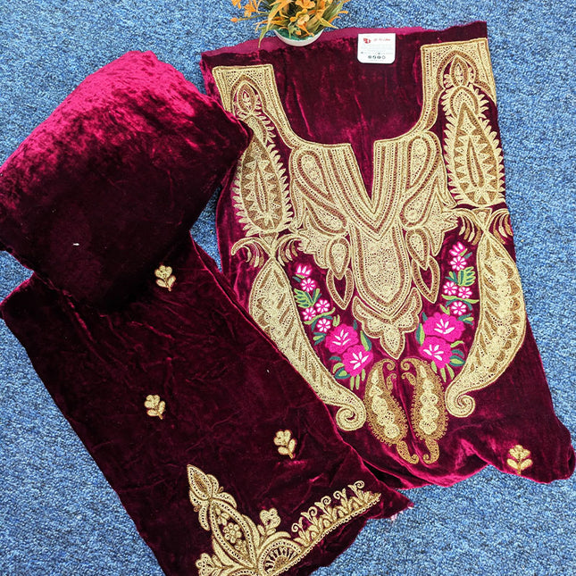 Tilla Embroidered French Velvet with Pure Indian Kani Shawl 3Pc/2Pc Unstitched