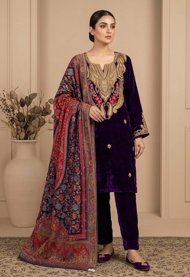 Kashimiri Embroidered French Velvet with Pure Indian Kani Shawl 3Pc/2Pc Unstitched