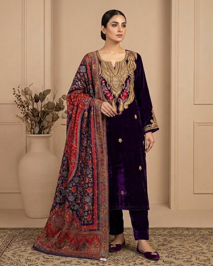 Tilla Embroidered French Velvet with Pure Indian Kani Shawl 3Pc/2Pc Unstitched